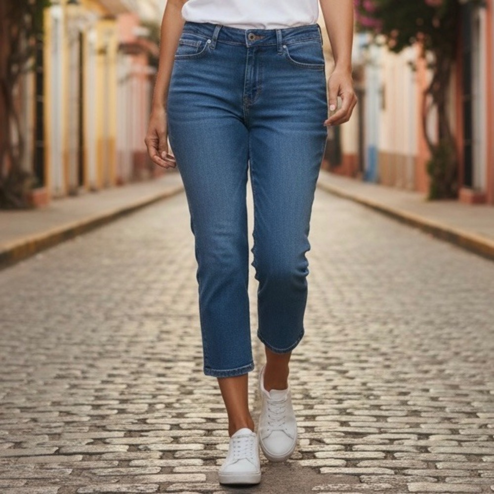 Lee Women's Blue Wash Cropped Straight Leg Jeans Size 6 Mom Jeans Casual Everyda